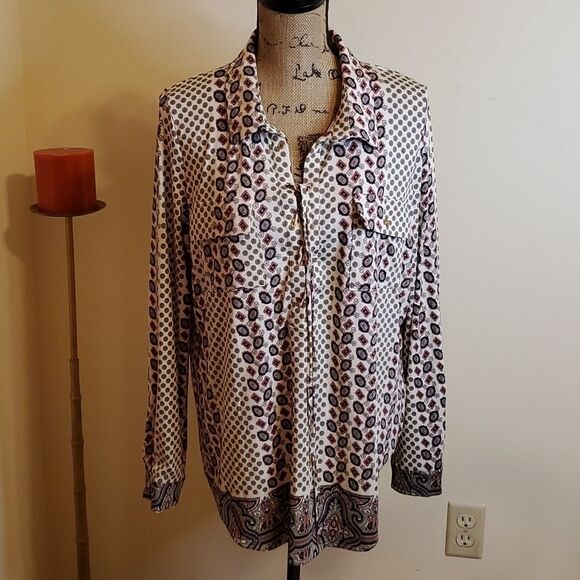 BCBGMaxazria lace up, cream, navy & mauve pattern tunic top size XL - Picture 1 of 10